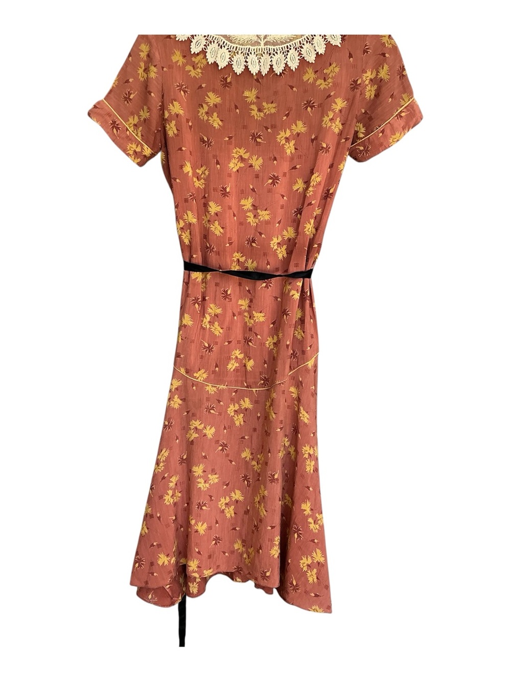 Vintage 1930s/ 40s rust orange floral print lace trim collar belted day dress - Picture 3 of 11